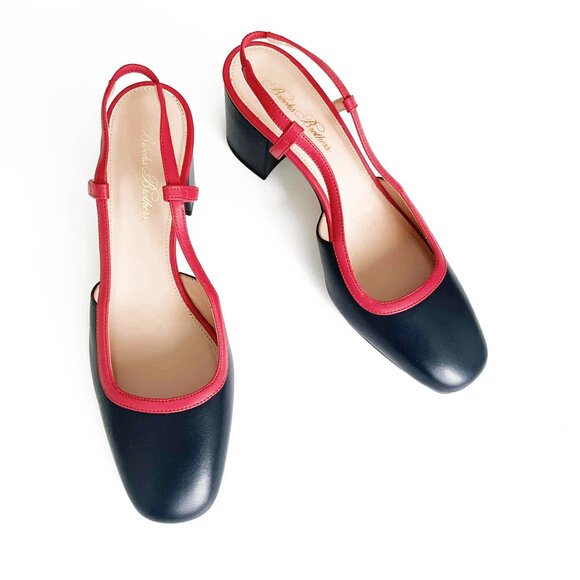 BROOKS BROTHERS Navy Blue & Orange Leather Slingback Block Heel Shoes – Size 8 - Picture 4 of 7